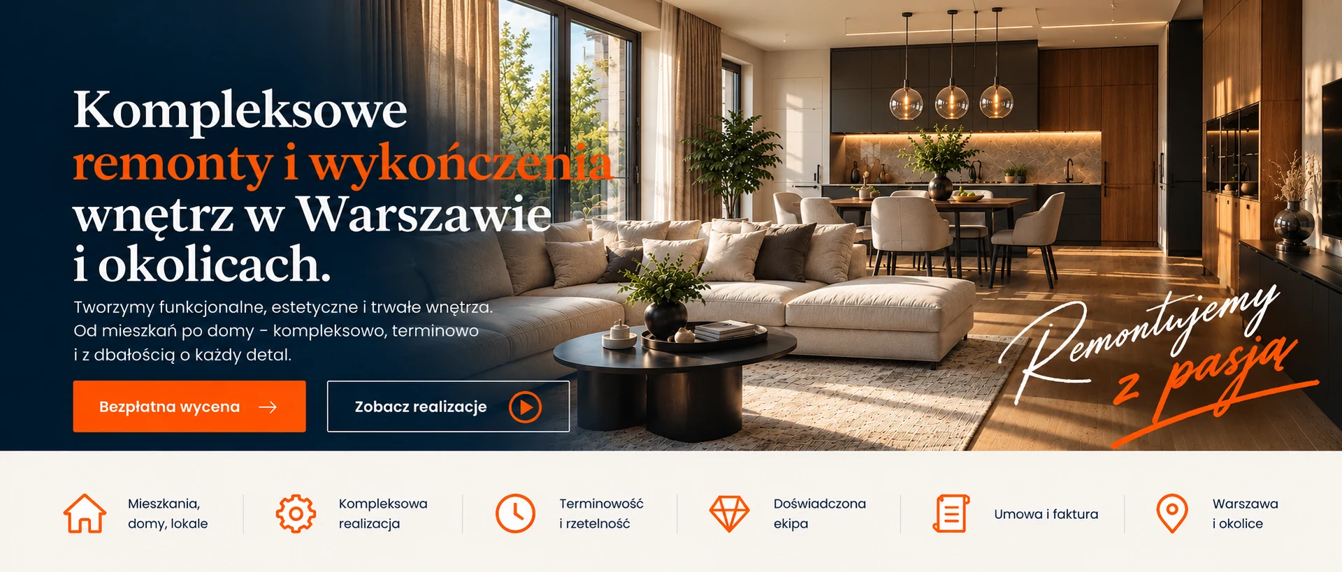 Salon z kuchnią, drewnianą zabudową i ciepłym światłem